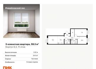 Продается трехкомнатная квартира, 59.3 м2, Балашиха, ЖК Измайловский Лес, Реутовская улица, 21