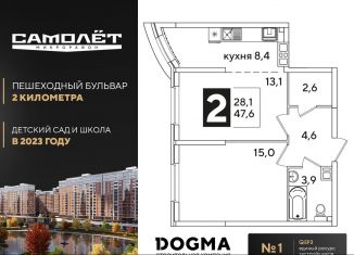 Продаю 2-комнатную квартиру, 47.6 м2, Краснодар, ЖК Самолёт-3
