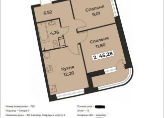 Двухкомнатная квартира на продажу, 45.3 м2, Мурино, проспект Авиаторов Балтики, 29к2, ЖК Авиатор