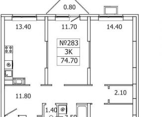 Продам 3-комнатную квартиру, 74.7 м2, деревня Сапроново, ЖК Видный Берег 2