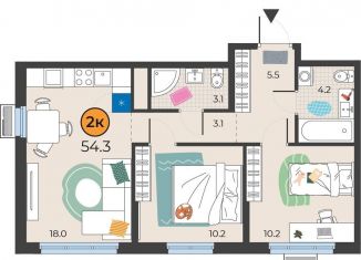 Продам 2-комнатную квартиру, 54.3 м2, Тюмень, Восточный округ