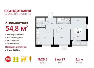 Двухкомнатная квартира на продажу, 54.8 м2, Москва, жилой комплекс Скандинавия, 25.5