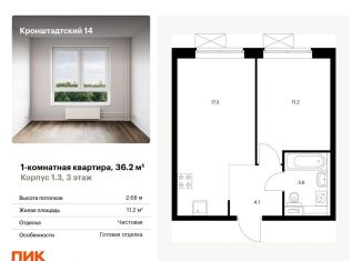 Продается 1-ком. квартира, 36.2 м2, Москва, ЖК Кронштадтский 14