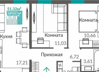 Двухкомнатная квартира на продажу, 51.3 м2, Симферополь, Киевский район