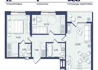 Продается 2-комнатная квартира, 64.4 м2, Астрахань, Автомобильная улица, 4, Советский район