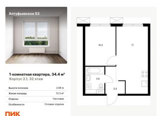 Продаю однокомнатную квартиру, 34.4 м2, Москва, Алтуфьевский район