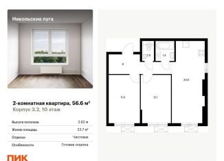 Продам двухкомнатную квартиру, 56.6 м2, Москва, станция Щербинка