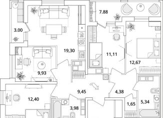 4-ком. квартира на продажу, 95.7 м2, Санкт-Петербург, Кубинская улица, 82к3с1, метро Звёздная