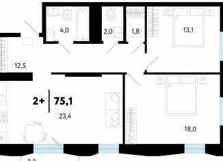 Продам двухкомнатную квартиру, 75.2 м2, Тюмень, улица Судостроителей, 56