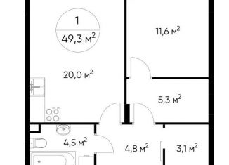 1-комнатная квартира на продажу, 49.3 м2, рабочий посёлок Заречье, жилой комплекс Резиденции Сколково, к3.2, ЖК Резиденции Сколково