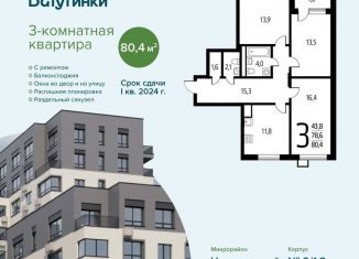 Продам трехкомнатную квартиру, 80.4 м2, поселение Десёновское, 3-я Нововатутинская улица, 15к1