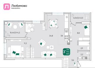 Продается трехкомнатная квартира, 77.6 м2, Краснодарский край