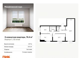 Продажа трехкомнатной квартиры, 74.4 м2, Москва, жилой комплекс Михайловский Парк, 1, Рязанский район
