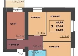 Трехкомнатная квартира на продажу, 68.7 м2, Ярославль, Дзержинский район
