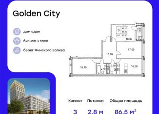 Трехкомнатная квартира на продажу, 86.5 м2, Санкт-Петербург, ЖК Голден Сити, улица Челюскина, 8