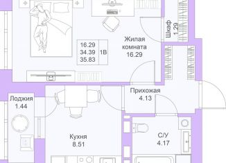 Продажа однокомнатной квартиры, 35.8 м2, Казань