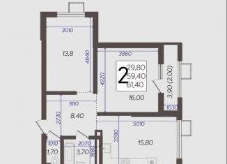 2-комнатная квартира на продажу, 62.4 м2, Краснодар, улица Ветеранов, 40лит2, микрорайон 2-я Площадка