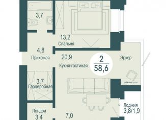 Продается двухкомнатная квартира, 58.6 м2, Красноярск, улица Авиаторов, 34