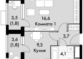 Продам однокомнатную квартиру, 37.3 м2, посёлок Развилка, ЖК Римский