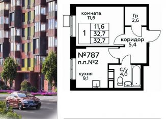 Продается однокомнатная квартира, 32.7 м2, деревня Середнево, квартал № 23, 4к1