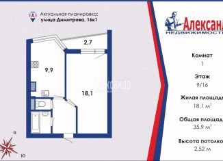 Продается однокомнатная квартира, 36 м2, Санкт-Петербург, Фрунзенский район, улица Димитрова, 16к1