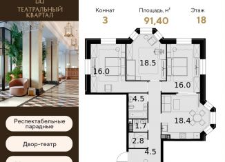 3-комнатная квартира на продажу, 91.4 м2, Москва, ЖК Театральный Квартал, улица Ротмистрова, 2