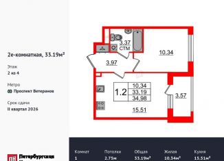 Продам 1-ком. квартиру, 33.2 м2, посёлок Стрельна