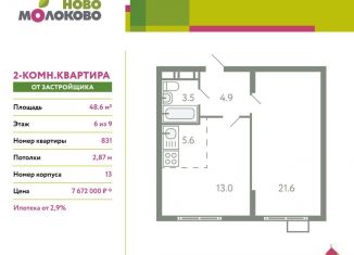 Продается 2-комнатная квартира, 48.6 м2, село Молоково, жилой комплекс Ново-Молоково, 13, ЖК Ново-Молоково