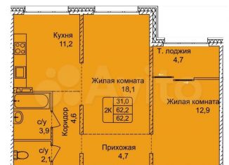2-комнатная квартира на продажу, 62.2 м2, Алтайский край, улица 280-летия Барнаула, 22