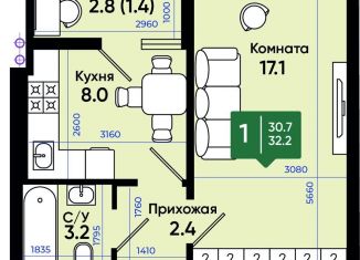 Продажа 1-комнатной квартиры, 32 м2, Ростовская область, улица Олимпийское Кольцо, 36к24