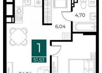 1-комнатная квартира на продажу, 51.5 м2, Рязань
