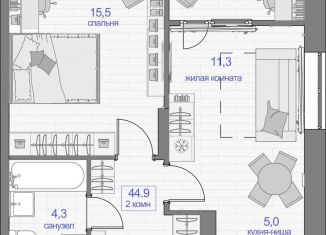 Двухкомнатная квартира на продажу, 44.9 м2, Красноярск, Кировский район