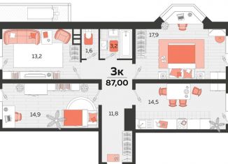 Трехкомнатная квартира на продажу, 86.5 м2, Краснодар, ЖК Абрикосово, улица им. Героя Яцкова И.В., 1/11лит3