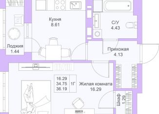 1-комнатная квартира на продажу, 36.2 м2, Казань