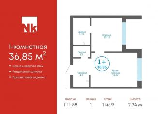 Продаю однокомнатную квартиру, 36.9 м2, деревня Патрушева, ЖК Никольский, улица Лермонтова, 8