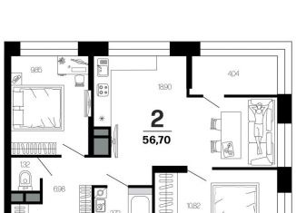 Двухкомнатная квартира на продажу, 56.7 м2, Рязанская область