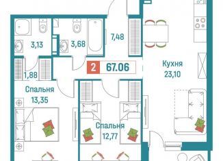 2-комнатная квартира на продажу, 67.1 м2, Мурино, ЖК Графика