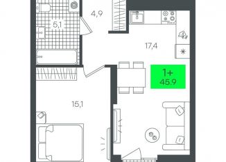 Продажа 1-комнатной квартиры, 45.9 м2, Тюмень, Калининский округ