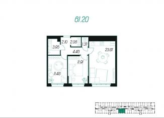 2-комнатная квартира на продажу, 61.2 м2, Тула, Привокзальный территориальный округ