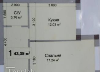 Однокомнатная квартира на продажу, 43.4 м2, Нальчик, Кабардинская улица, 195