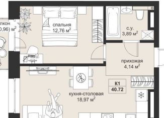 1-комнатная квартира на продажу, 40.7 м2, Казань