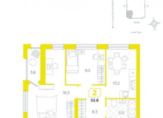 Продам 2-ком. квартиру, 52.8 м2, Тюмень, улица Евгения Войнова, 3