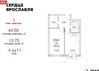 Продается 1-ком. квартира, 44.5 м2, Ярославль, ЖК Сердце Ярославля