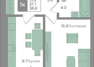 Продажа 1-ком. квартиры, 37.1 м2, Калининград