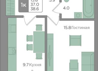 Однокомнатная квартира на продажу, 37 м2, Калининград, ЖК Новый Город
