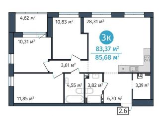 Продаю трехкомнатную квартиру, 83.4 м2, Тюмень, ЖК ДОК