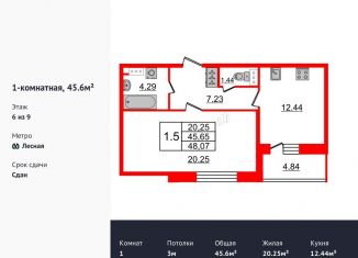 Продается 1-комнатная квартира, 45.6 м2, Санкт-Петербург, улица Александра Матросова, 3, ЖК Притяжение