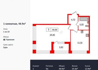 1-комнатная квартира на продажу, 48.9 м2, Санкт-Петербург, метро Удельная, Манчестерская улица, 3