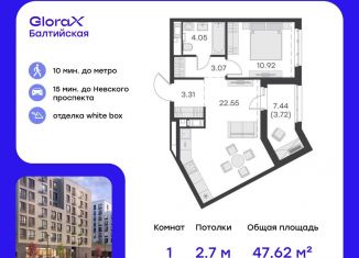Продается 1-комнатная квартира, 47.6 м2, Санкт-Петербург, улица Шкапина, 43-45Н, метро Нарвская