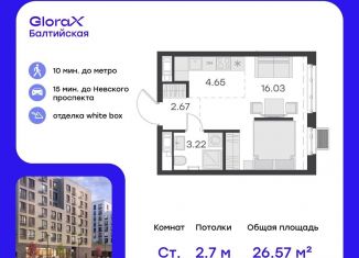 Квартира на продажу студия, 26.6 м2, Санкт-Петербург, улица Шкапина, 43-45И, муниципальный округ Екатерингофский